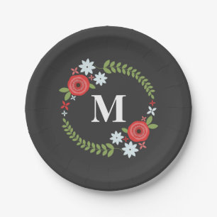 Red + Blue Floral Wreath Monogram Paper Plate