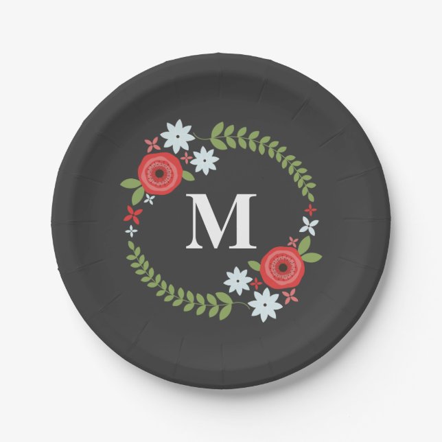 Red + Blue Floral Wreath Monogram Paper Plate (Front)