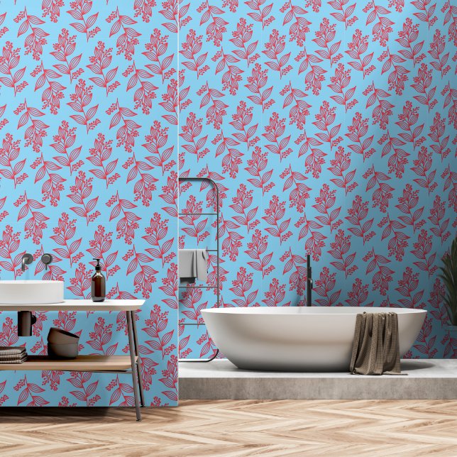 Red Blue Flower Botanical Floral Line Art Pattern Wallpaper (Bathroom)