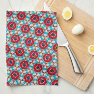 Red Blue Flower Geometric Abstract Tea Towel