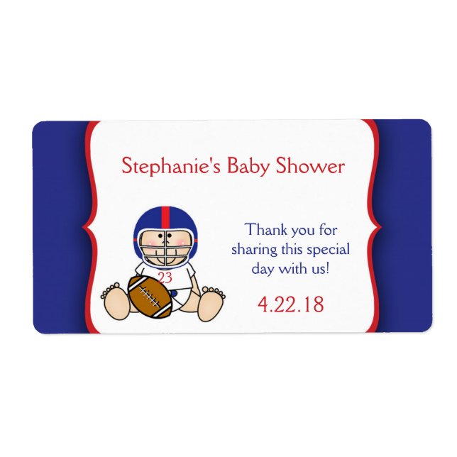 Red Blue Football Baby shower water bottle favour (Front)