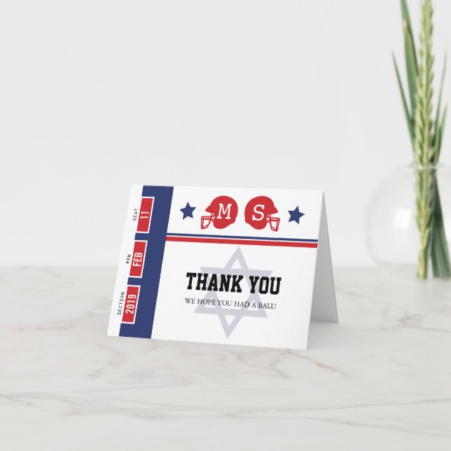 Red Blue Football Ticket Bar Mitzvah Thank You Card (Front)