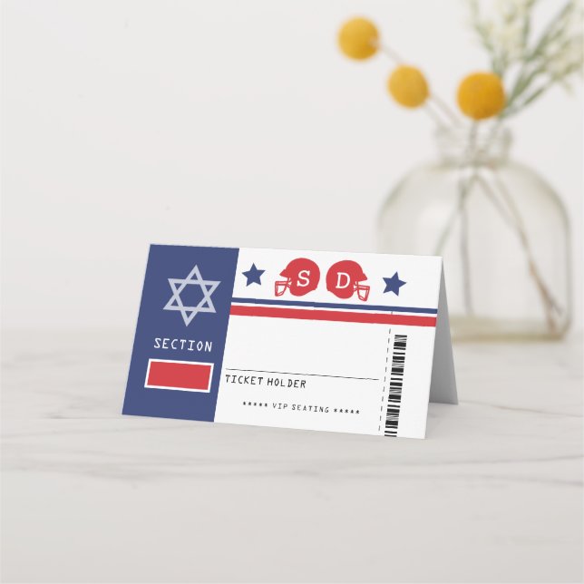Red Blue Football Ticket Bat Mitzvah Seating Place Card (Front)