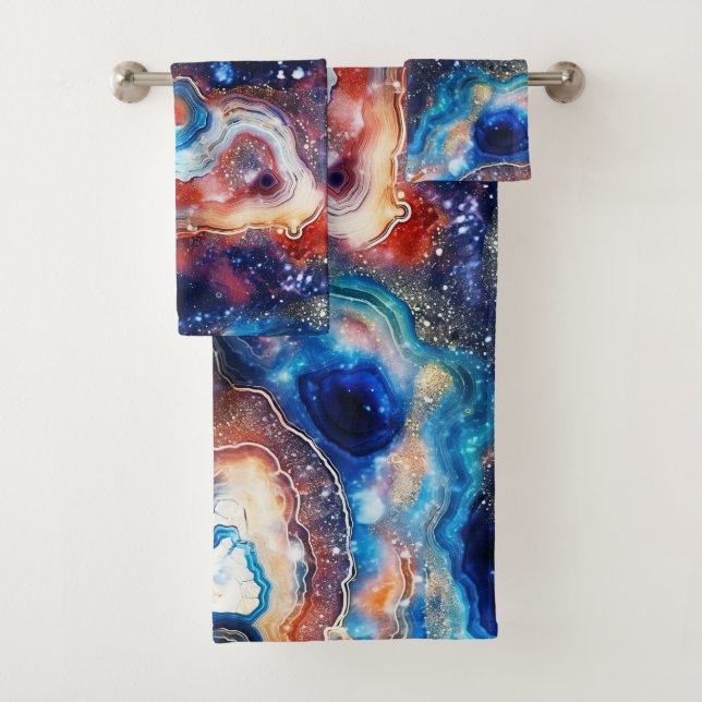 Red Blue Geode Abstract with Cosmic Swirls Bath Towel Set (Insitu)
