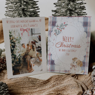 Red Blue Gingham Lace Puppy Doily Merry Christmas  Holiday Card