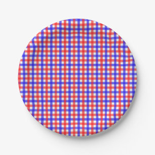 Red Blue Gingham Plaid Pattern Paper Plate