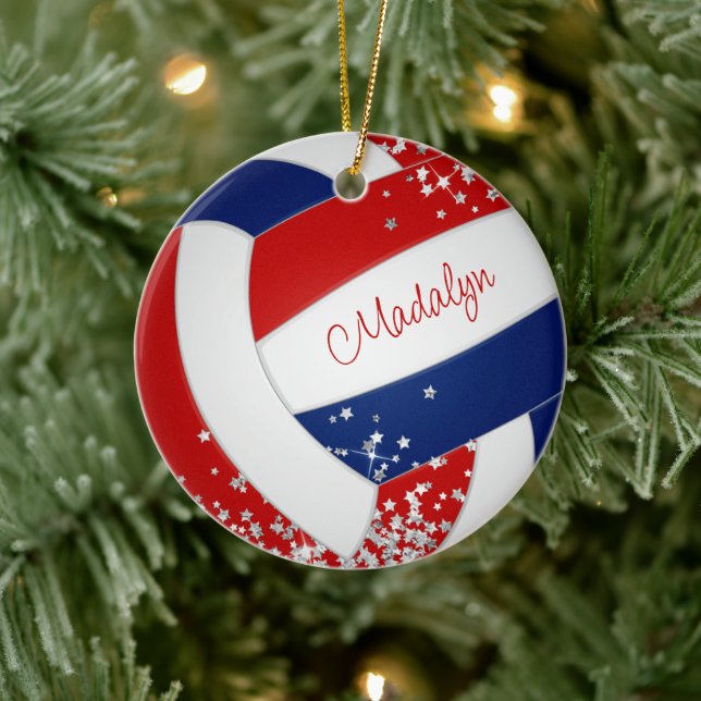 red blue girls volleyball silver stars accent  ceramic tree decoration (Tree)