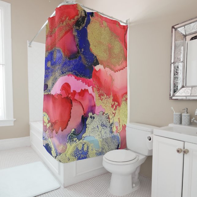 Red Blue Gold Abstract  Shower Curtain (In Situ)