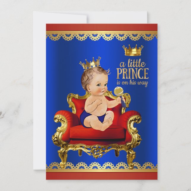 Red Blue Gold Chair Brunette Prince Baby Shower Invitation (Front)