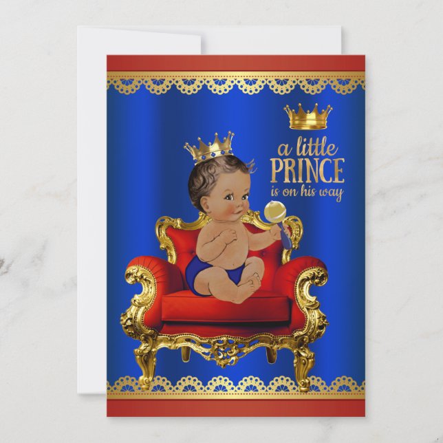 Red Blue Gold Chair Ethnic Prince Boy Baby Shower Invitation (Front)