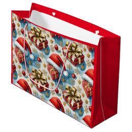 Red Blue & Gold Christmas Gift Bag with Santa Hats