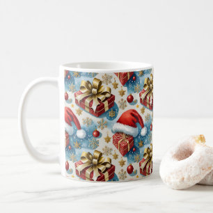 Red Blue & Gold Christmas Mug with Santa Hats&Gift