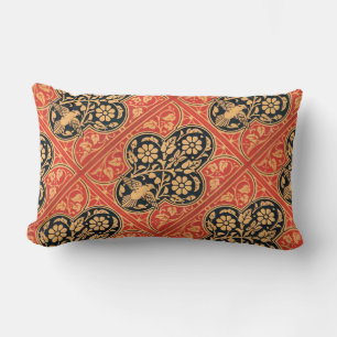 RED BLUE GOLD DAMASK FLOWERS AND WHITE BIRD LUMBAR CUSHION