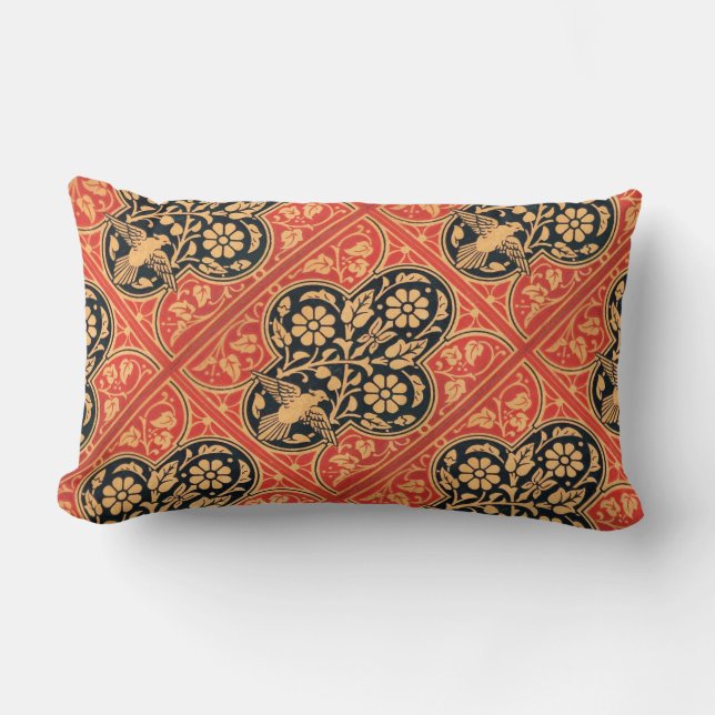 RED BLUE GOLD DAMASK FLOWERS AND WHITE BIRD LUMBAR CUSHION (Front)
