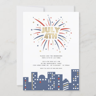 Red Blue & Gold Fireworks 4th of July Party Modern Invitation