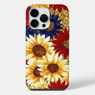 RED BLUE GOLD GLITTER LOOK AMERICAN SUNFLOWERS iPhone 14 PRO MAX CASE