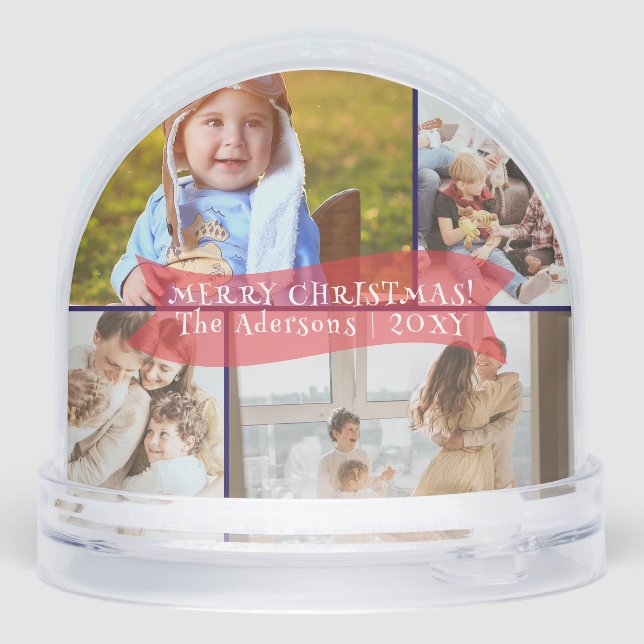 Red Blue Gold Santa Family Photo Merry Christmas Snowglobe (Back)
