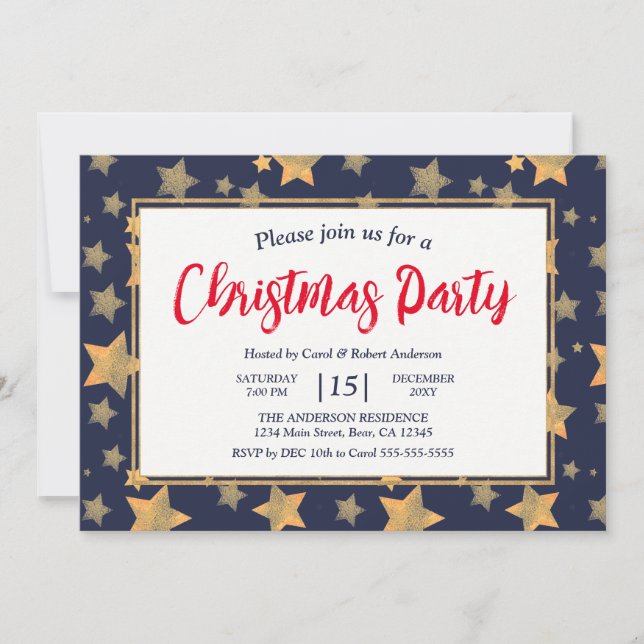 Red Blue Gold Star Vintage Elegant Christmas Party Invitation (Front)