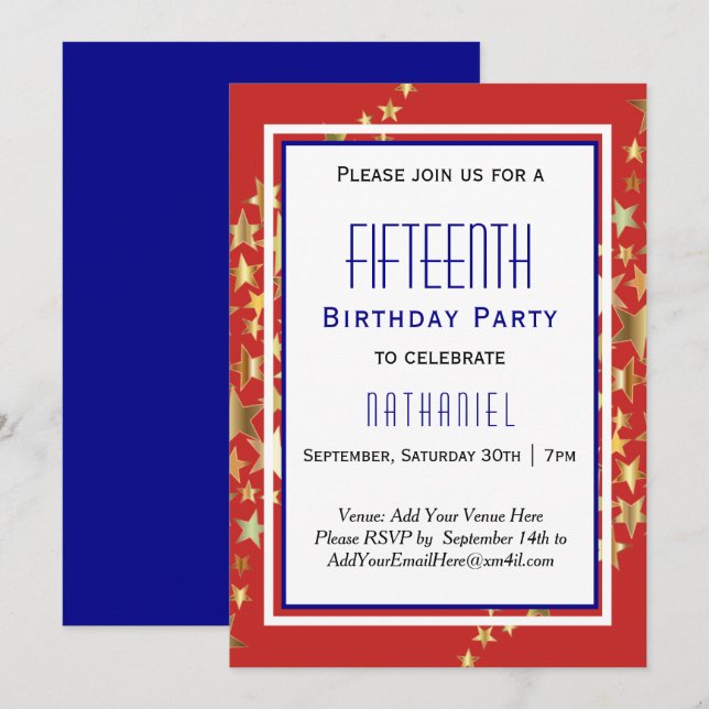 Red Blue Golden Stars 15th Birthday BOY Invitation (Front/Back)