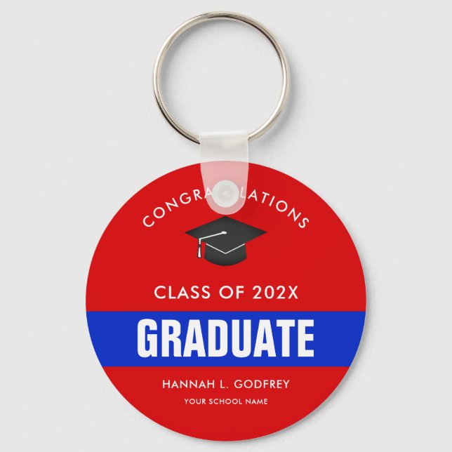 Red Blue Graduation Congratulations Photo Keychain (Front)