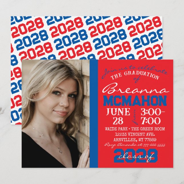 Red & Blue Graduation Photo Invitation (Front/Back)