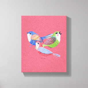 Red Blue Green Birds Folk Art  Canvas Print