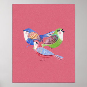 Red Blue Green Birds Folk Art Wall Art