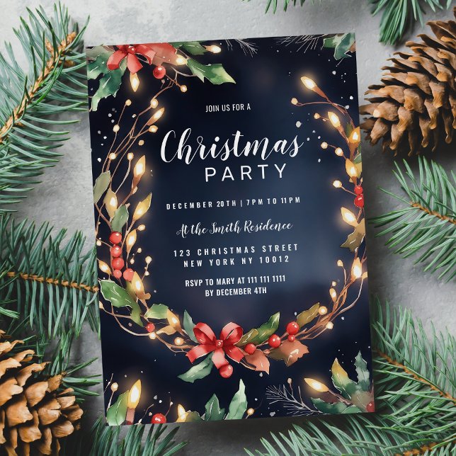 Red blue green Christmas Party flower wreathe Invitation (Red blue green Christmas Party flower wreathe )