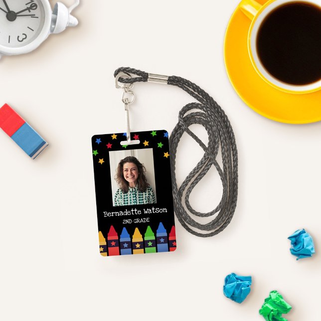 Red Blue Green Crayons Stars School Teacher ID ID Badge (Creator Uploaded)