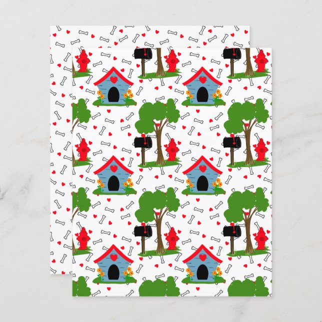 Red blue green dog house bones scrapbook paper  (Front/Back)