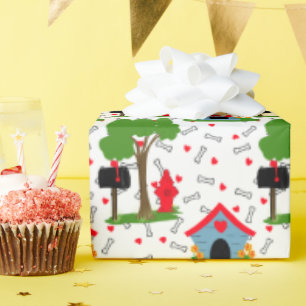 Red blue green dog house bones  wrapping paper