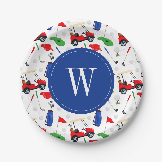Red Blue & Green Golf Monogram Paper Plate (Front)