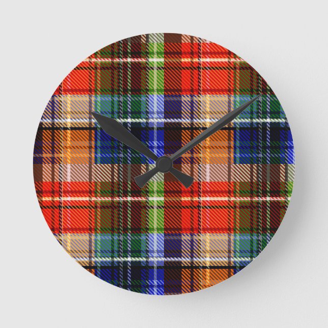 Red Blue Green Yellow Plaid Tartan Design  Round Clock (Front)