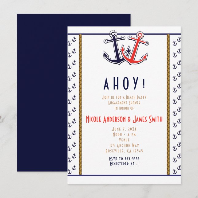 Red & Blue Heart Anchors Nautical Beach Engagement Invitation (Front/Back)