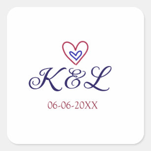 red blue heart couple name letter date modern past square sticker
