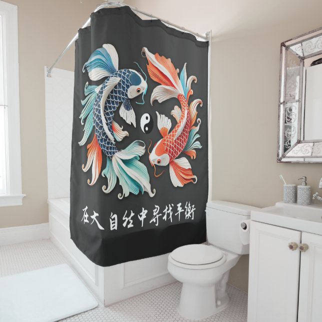 Red & Blue Koi Prosperity Yin Yang Shower Curtain (In Situ)