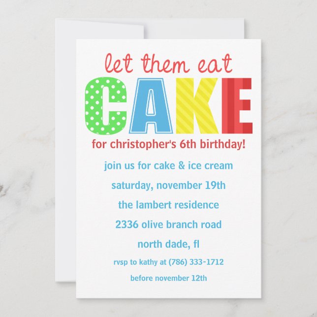 Red/Blue Let Them Eat Cake Birthday Invitation (Front)
