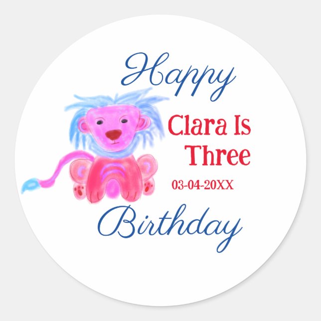 RED BLUE LION WILD ANIMAL BIRTHDAY THREE ADD NAME  CLASSIC ROUND STICKER (Front)