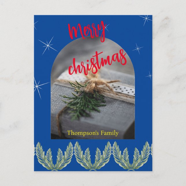 Red blue merry christmas Text modern foliage Invitation Postcard (Front)