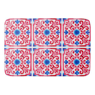 Red & Blue Mexican Traditional Floral Talavera Bath Mat