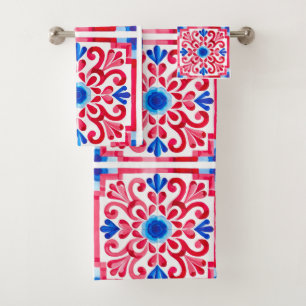 Red & Blue Mexican Traditional Floral Talavera Bath Towel Set