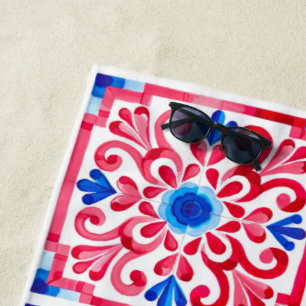 Red & Blue Mexican Traditional Floral Talavera Beach Towel