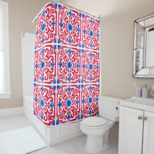 Red & Blue Mexican Traditional Floral Talavera  Shower Curtain