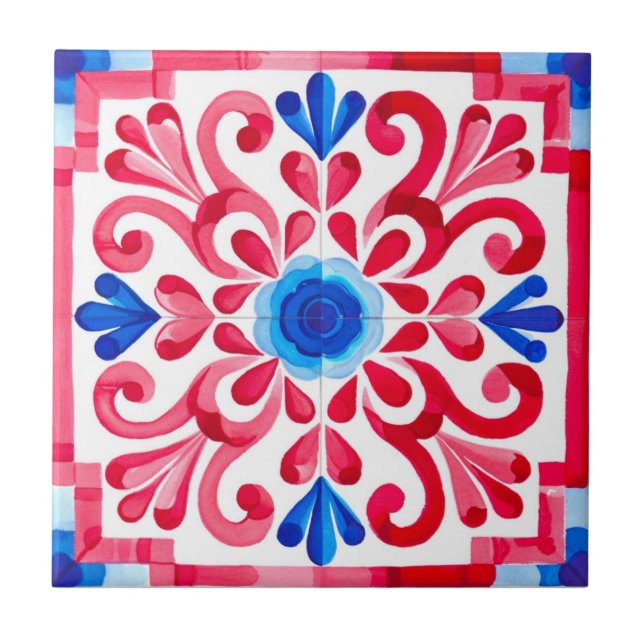 Red & Blue Mexican Traditional Floral Talavera  Tile (Front)
