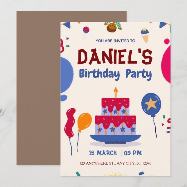 Red & Blue Modern Birthday Invitation (Front/Back)