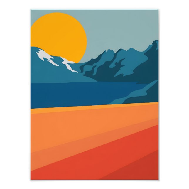 Red & Blue Mountain Landscape – Retro Outdoor Adve Photo Print (Front)