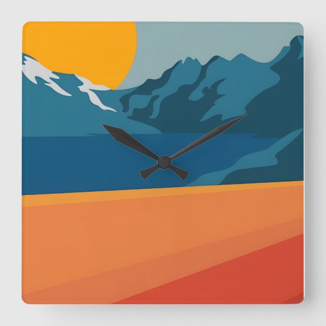 Red & Blue Mountain Landscape – Retro Outdoor Adve Square Wall Clock (Front)