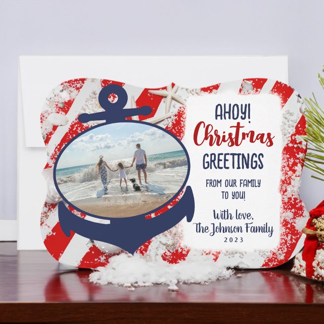 Red & Blue Nautical Anchor Christmas Greeting Card (Creator Uploaded)