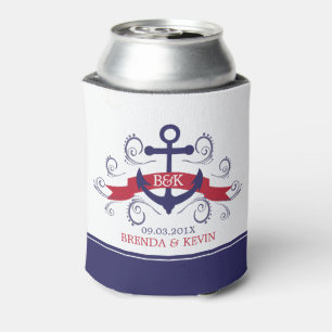 Red & Blue Nautical Anchor Swirly Accents Can Cooler