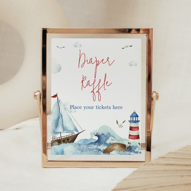 Red Blue Nautical Baby Shower Diaper Raffle Poster (Ahoy It’s A Boy Baby Shower Diaper Raffle Sign)